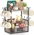 EsLuker.ly Coffee Mug Cup Holder Stand Bar Station Organizer for Countertop, Multi-Functional 2 Tier Mug Tree Rack for Kitchen, Storage Shelf with 12 Hooks, Light Grey-Black(Patented Design)