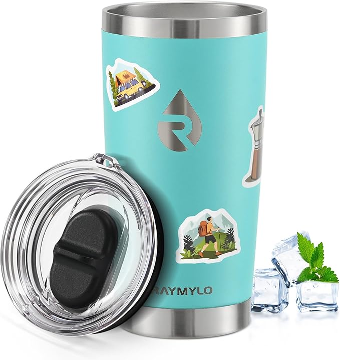 20 oz Coffee Tumbler - Insulated Stainless Steel Travel Mug for Hot/Cold, Spill Proof with BPA-Free Detachable Lid, Coffee Cup Fits Most Car holder, Includes Chic Stickers, Seafoam