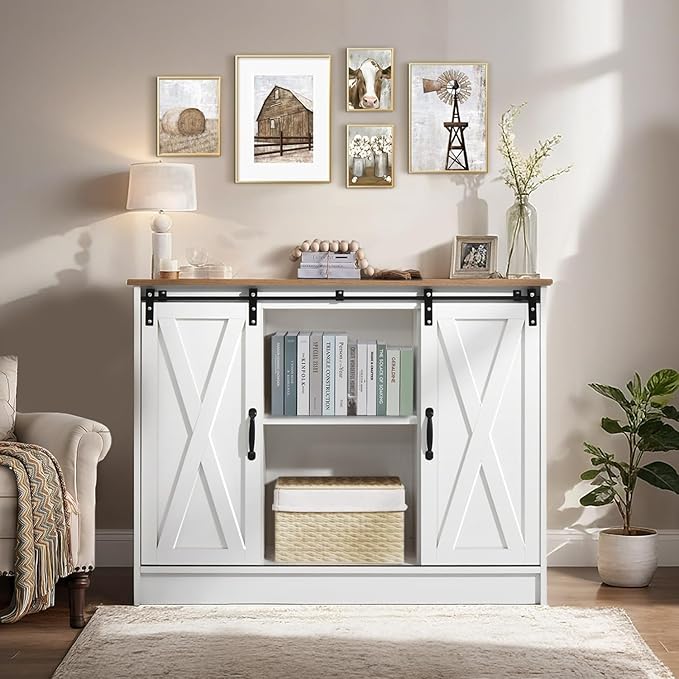 4 EVER WINNER Coffee Bar Cabinet with Sliding Barn Doors, 42”Farmhouse Buffet Cabinet with Storage for Kitchen, Coffee Bar with Adjustable Shelf for Dining Room, White