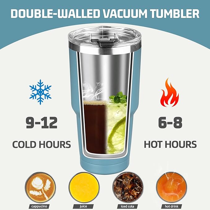 30 oz Tumbler with Lids and Straws, Stainless Steel Insulated Coffee Tumbler, Double Wall Vacuum Insulated Travel Mug Cup, Leakproof Thermal Coffee Cup for Hot and Cold Drinks (Azure Blue)