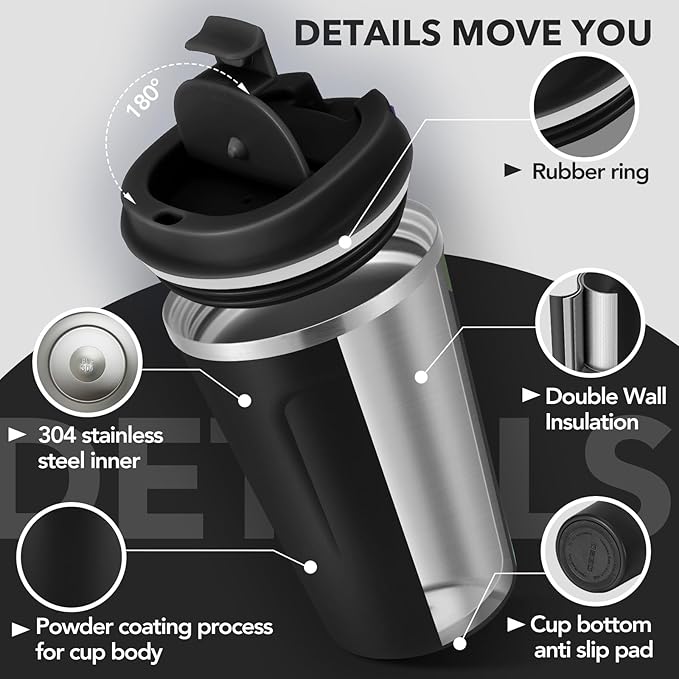 Volhoply 12 oz Double Wall Insulated Vacuum Travel Coffee Mugs with Flip Lid Bulk 2 Pack,Reusable Stainless Steel Leak Proof Coffee Cup,Portable Cafe Thermal Tumbler for Hot & Cold Drinks(Black,2 Set)