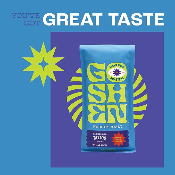 Goshen Coffee Roasters Whole Bean Old School Tattoo House Blend | Medium Roast, Brewed or Espresso | Award-Winning, Natural and Washed | Caramel, Nutty, Orange Flavors | 12 Oz Bag