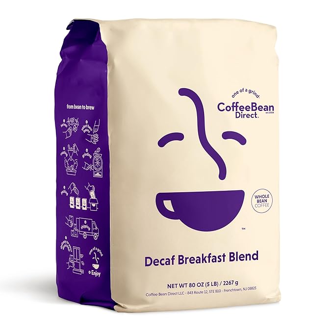 Coffee Bean Direct Decaf Breakfast Blend, Whole Bean Coffee, Mixed Roast Level, Smooth and Mellow, 5-Pound Bag