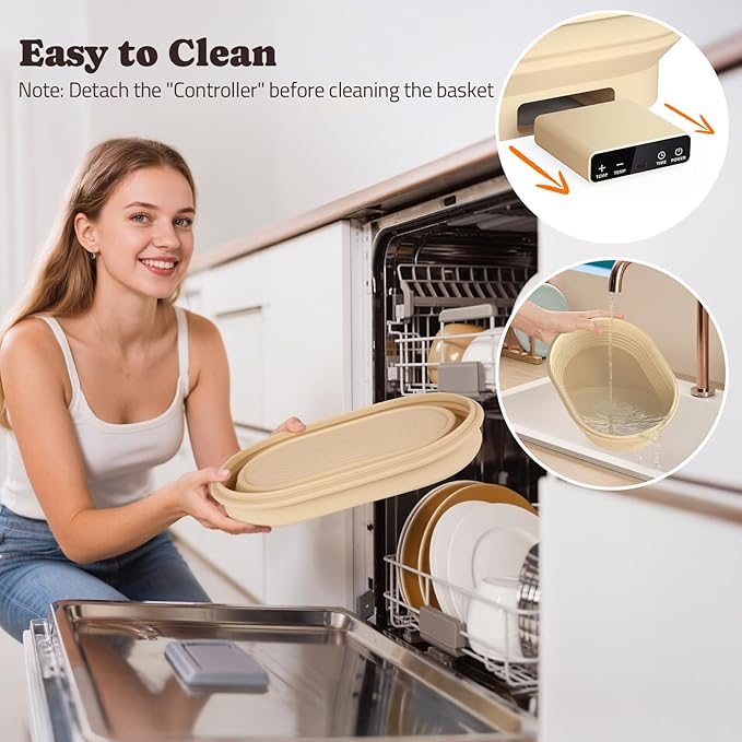 Heating Sourdough Bread Proofing Basket, 4L Electric Thermostatic Silicone Oval Banneton Proofing Bowl with 6 Timer & Temp Settings for Dough Rising, Dishwasher Safe, Foldable Sourdough Starter Bowl
