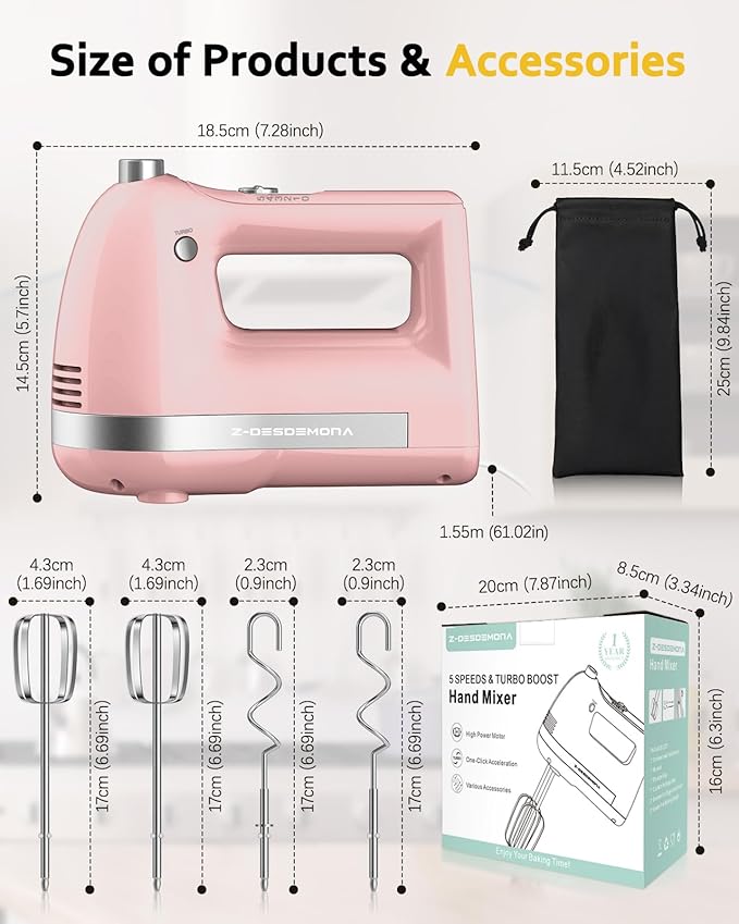 Electric Hand Mixer, Powerful 300W Hand Mixer Electric Handheld with 304 Beaters, Dough Hook,Hand Held Mixer with Turbo for Baking Cakes, Eggs, Cream Food(Pink)