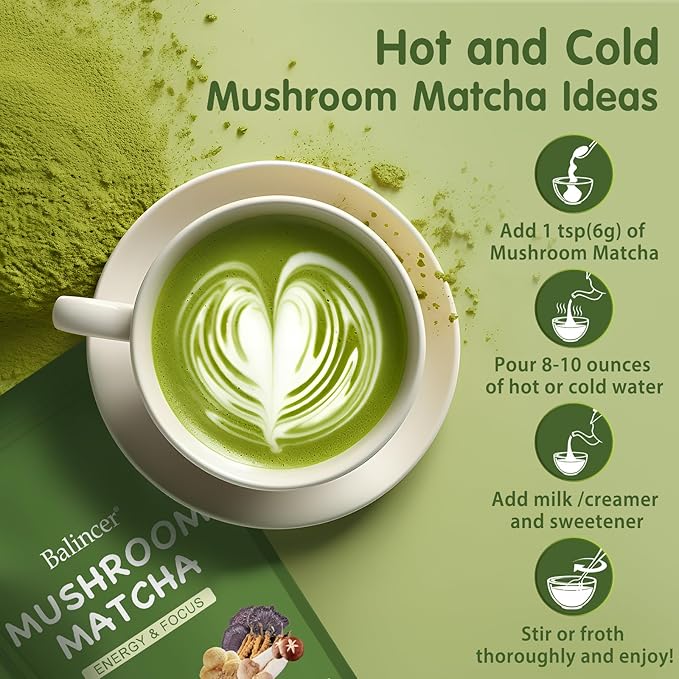 Mushroom Matcha, 6 Adaptogenic Mushrooms (Lion's Mane, Cordyceps, Turkey Tail & Other) Mixed with Ceremonial Grade Matcha for Focus, Energy, Immune and Digestion Health Support, 30 Servings