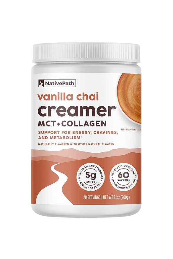 NativePath Keto Coffee Creamer Powder Vanilla Chai — Keto-Friendly, Non-Dairy & Low Sugar Creamer. Made with Grass-fed Collagen Protein Powder, MCT Oil & Monk Fruit. Soy & Gluten Free (7.1 OZ)