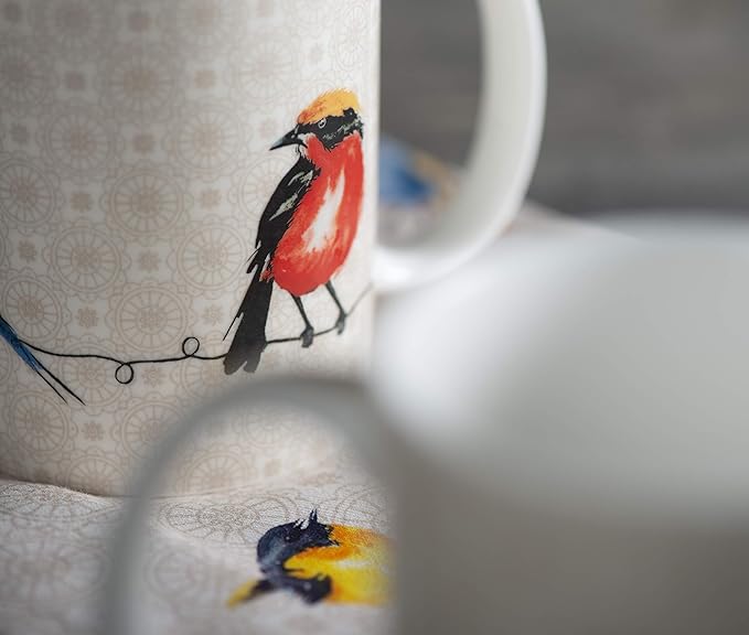Maison d' Hermine Coffee Mug with Handles Fine Bone China Mugs Pack of Two Tea Cups for Hot Beverages Cappuccino Latte Home Restaurant Office Perfect for Gift (Birdies On Wire, 12 Ounce)