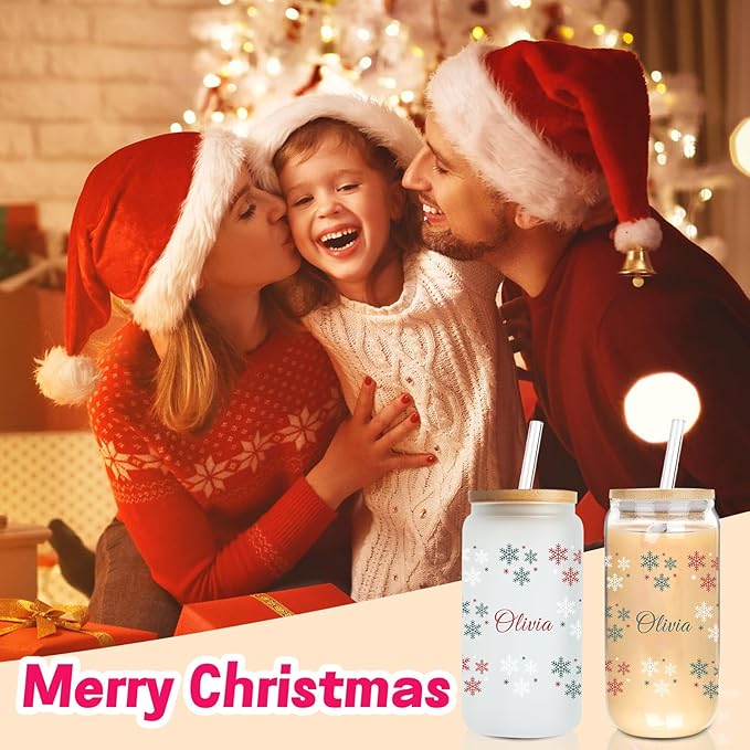 Mason Life Personalised Christmas Cup, 18oz Clear Glass Cups with Lids and Straws，Cute Cups for Women，Snowflake Design, Drinking Cup with Bamboo Lids, Christmas Gifts for Men, Women and Friends