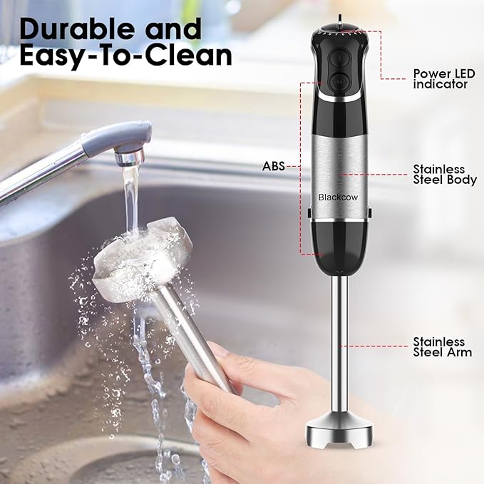 Blackcow Corded Immersion Blender Handheld for Kitchen,Stainless Steel Emulsion Blender Handheld with Hook,Electric Hand Mixer with 12-Speed&Turbo,for Smoothie,Soup,Baby Food and Drinks