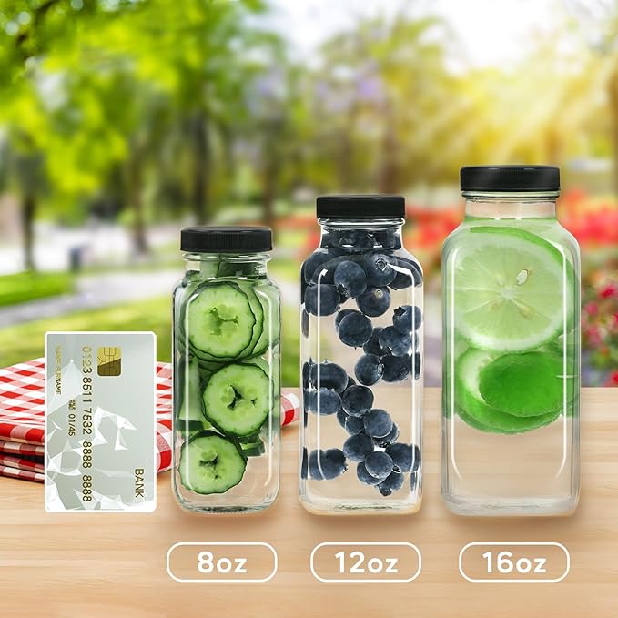 STARSIDE 16 oz Glass Juice Bottles with Lids 6 Pack - Square Reusable Drinking Jars for Juicing, Milk, Kombucha - Includes 1 Bottle Brush, 6 Colored Labels