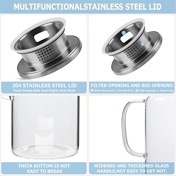Yirilan Glass Pitcher, 1.8 Liter Water Pitcher with Lid, Beverage Pitchers for Hot, Cold Water, Iced Tea and Juice Drink with Cup Brush