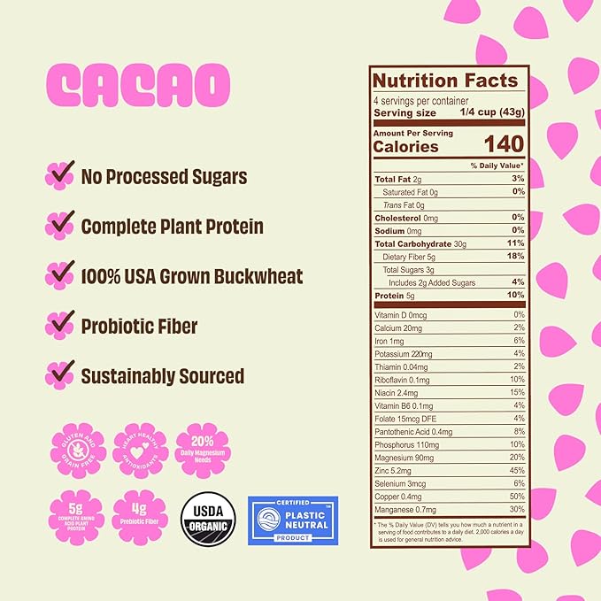 Lil Bucks Sprouted Regeneratively Grown Buckwheat Seeds– Paleo Cereal, Gluten-Free Granola, High in Protein, Low Sugar, Organic Superseed Crunch (CACAO, 1 Pack)