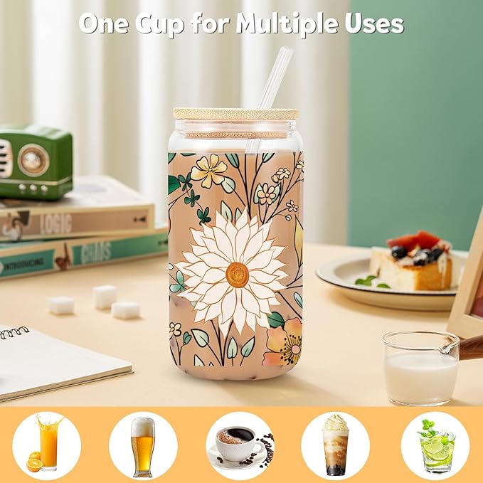 Daisy Flowers Iced Coffee Glass Cup, Drinking Glass Cups Lids Straws, Cute Tumbler Cup, Personalized for Women, Thank You Gifts for Teacher, Thanksgiving, Birthday Gifts for Women Her