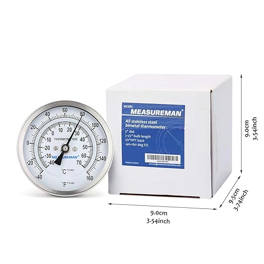 MEASUREMAN Fully Stainless Steel Pot, Kettle, Brewing Bimetal Dial Thermometer, 3" Dial, 2-1/2" Stem, -40-160 deg F/-40-70 deg C, -1% Accuracy, Adjustable, 1/2" NPT Back Mount