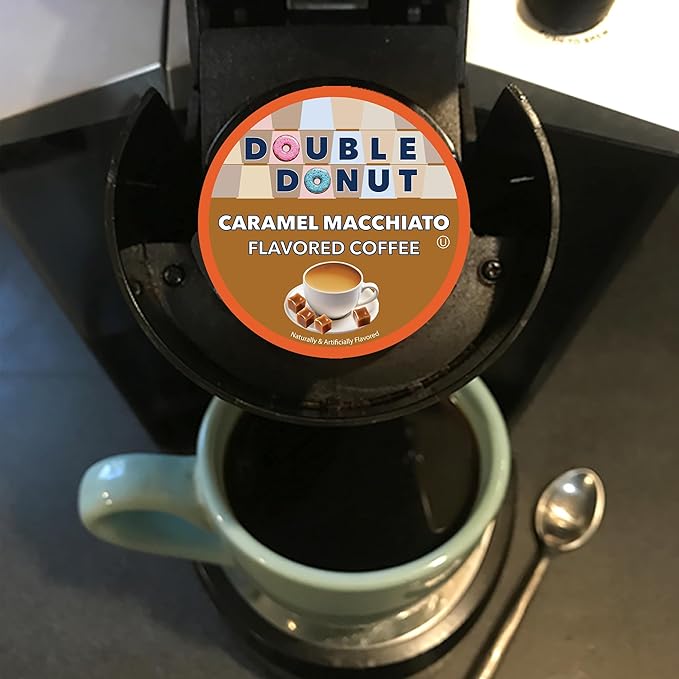 Double Donut Coffee Flavored Coffee Pods, Caramel Macchiato Coffee for Keurig K Cups Machines, Medium Roast in Recyclable Pods, 24 Count