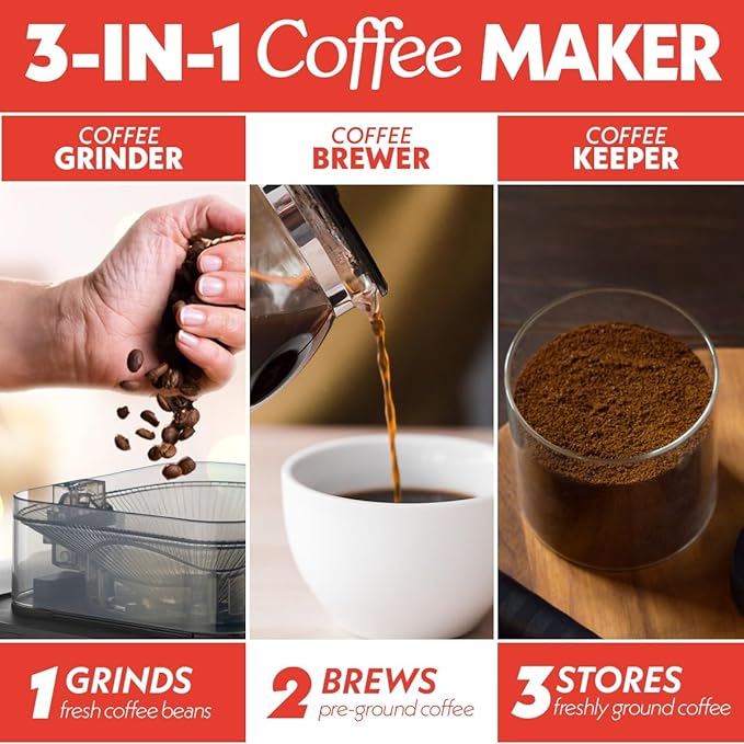 Gourmia 10-Cup Grind & Brew Coffee Maker – Built-in Adjustable Grinder, Programmable Digital Timer, 3 Brew Strengths, 4-Hour Keep-Warm, Auto Shut-Off, Pause & Serve, Glass Carafe, Stainless Steel