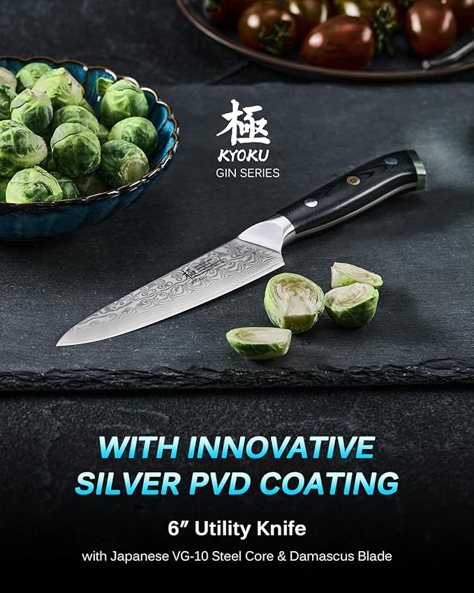 KYOKU Gin Series 5" Utility Kitchen Knife, Japanese VG10 Damascus Stainless Steel Knife with Silver Ion Blade G10 Handle Mosaic Pin, All Purpose Professional for Meat Veg and Fruit