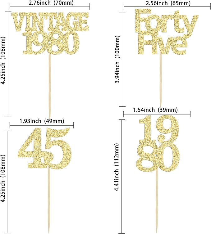 Gyufise 24Pcs 45th Birthday Cupcake Toppers Glitter Cheers to 45 Fabulous Forty Five Vintage 1980 Cupcake Picks 45th Birthday Wedding Anniversary Party Cake Decorations Supplies Gold