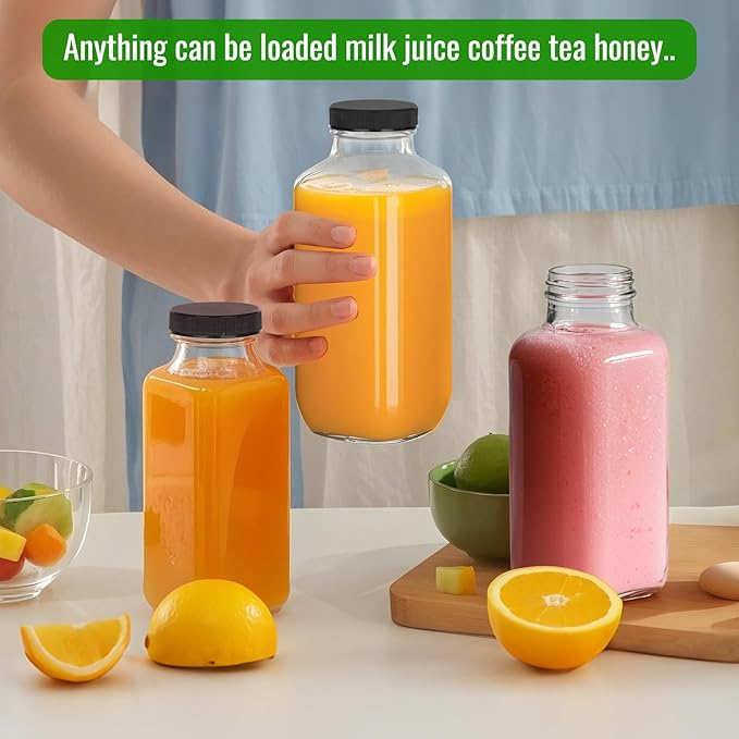 BIGIVACA 12 oz Glass Juice Bottles with Lids,3 PACK Bottles for Juicing,Square Drinking Jars Glass for Coffee,Cola,Milk,Tea in Travel,Work,School