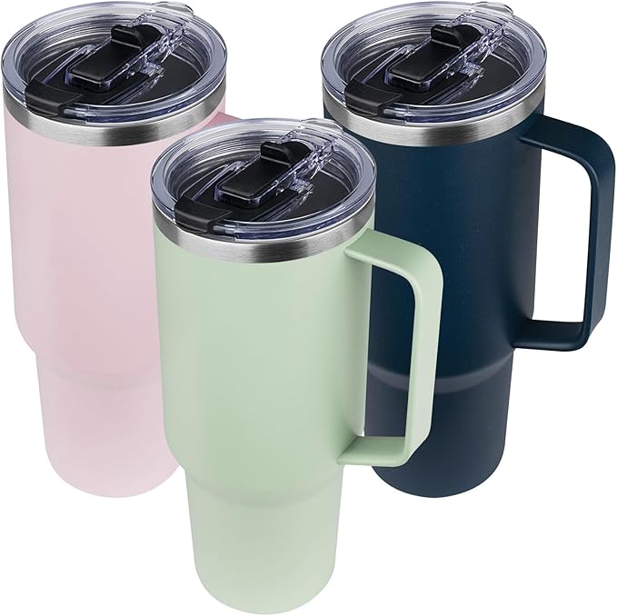 40 oz Tumbler with Handle and Flip Straw, 100% Leakproof Insulated Tumbler with Lid and Straw, Stainless Steel Travel Coffee Mug, Insulated Coffee Thermal Cup for Cold and Hot (Green Tea)