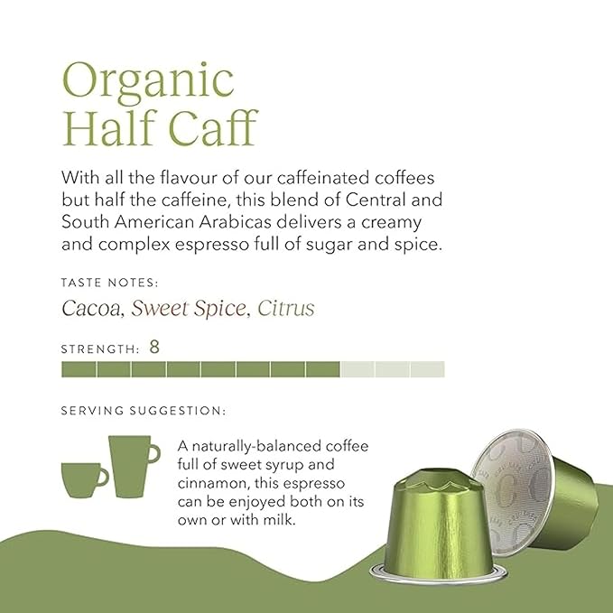 Cru Kafe USDA Organic Half Caff Espresso Coffee Capsules (10 Pods) Fairtrade Coffee Pods Compatible with Nespresso Original Line and Pixie Machines