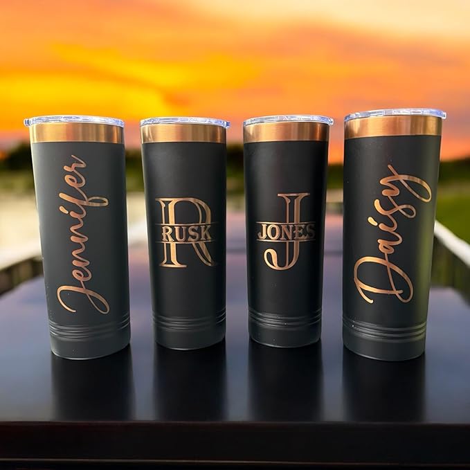 Personalized Skinny Tumbler by iProductsUS - Rose Gold Stainless Steel Custom Cup with Slider Lid & Straw. Customized 22oz Vacation Vacuum Insulated Coffee Mug - Christmas Gift for Mom, Sister