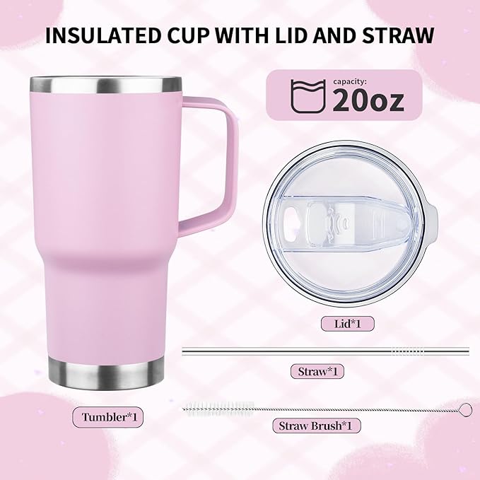 20oz Insulated Tumbler with Handle Stainless Steel Travel Coffee Mug with Lid and Straw Double Wall Vacuum Leak-proof Reusable Thermal Water Cup for Hot and Cold Drinks (Multicolor-2,4 Pack)