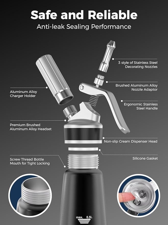 Professional Aluminum Whipped Cream Dispenser – 500 mL / 1 Pint, Includes 3 Decorating Nozzles, Cleaning Brush & Storage Bag – Ideal for Desserts, Coffee & Pastries (N₂O Chargers Not Included)