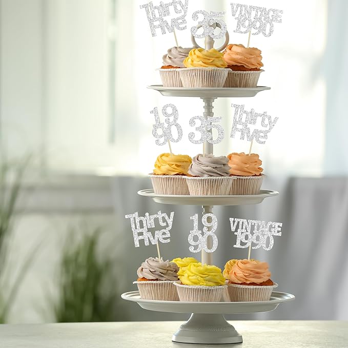 Gyufise 24Pcs Happy 35th Birthday Cupcake Toppers Glitter Thirty Five 35 Fabulous Vintage 1990 Cupcake Picks for 30th Birthday Wedding Anniversary Party Cake Decorations Supplies Rose Gold