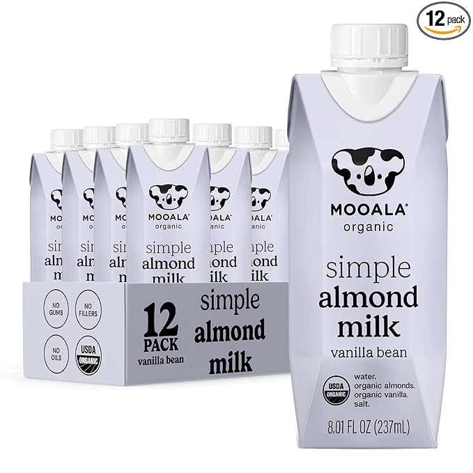Mooala Organic Simple Almondmilk Vanilla- Shelf Stable Single Serve Cartons, 4 Ingredients, No Gums, No Oil, No Fillers, Dairy Free Plant Based Milk, On The Go 12 Pack