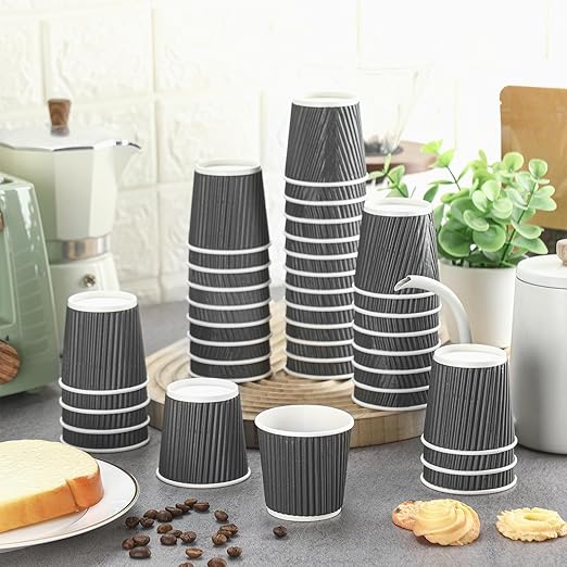 Yaomiao 200 Pcs 4 oz Disposable Espresso Coffee Cups Ripple Corrugated Paper Insulated Hot Cups for Party Cold Drinks Hot Beverage Tea(Gray)