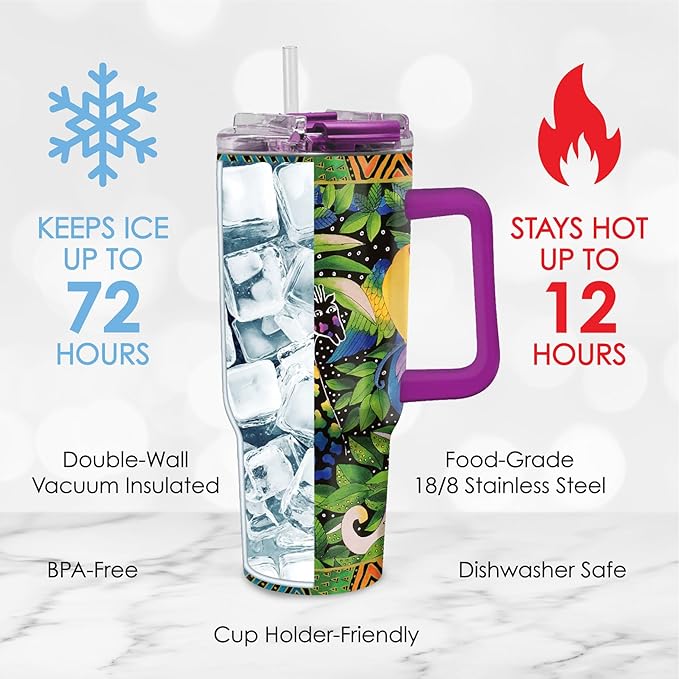 RainCaper 18/8 Stainless Steel Insulated Water Tumbler with Straw | 30oz, BPA-Free, Double Wall for Hot & Cold | Travel-Friendly, Cup Holder Ready (Laurel Burch Jungle Song)