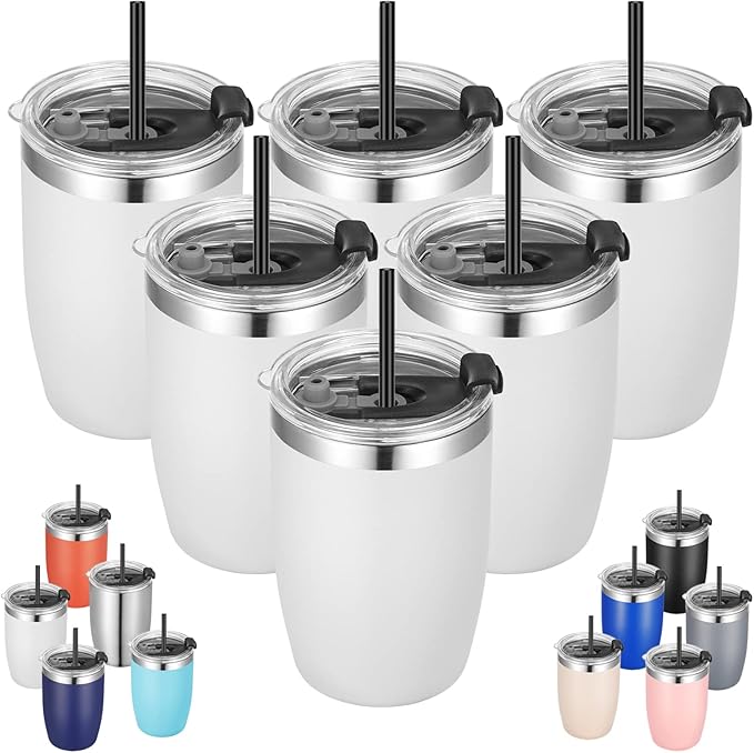 VEGOND Stainless Steel 12 oz Tumblers bulk Vacuum Insulated Double Wall Travel Tumbler with Lid and Straw Reusable Tumbler,White 6 pack