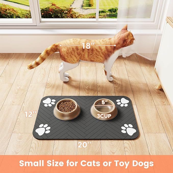 Pet Feeding Mat-Absorbent Pet Placemat for Food and Water Bowl, with Waterproof Rubber Backing, Quick Dry Water Dispenser Mat for Dog and Cat (16"x24", Striped Dark Gray)