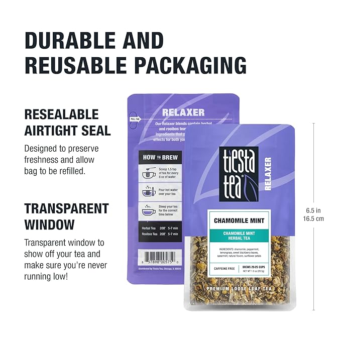 Tiesta Tea - Chamomile Mint, Loose Leaf, Chamomile Mint Herbal Tea, Premium Blend, Caffeine-Free Herbal Drink, Makes Hot or Iced & Up to 25 Cups, 1oz Resealable Pouch