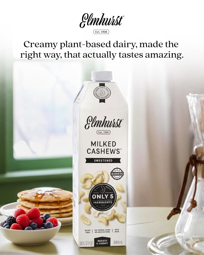 Elmhurst 1925 Sweetened Cashew Milk - 32 Ounce (Pack of 6) Dairy-Free, Vegan, Kosher, Gluten-Free, Shelf Stable Plant Based Milk Made with Water & Cashews for Healthier Coffee, Latte & Smoothies
