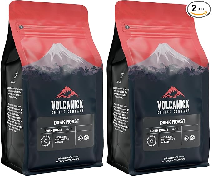 Volcanica Coffee, Dark Roast Coffee, Ground, Fresh Roasted, 16-ounce (Pack of 2)