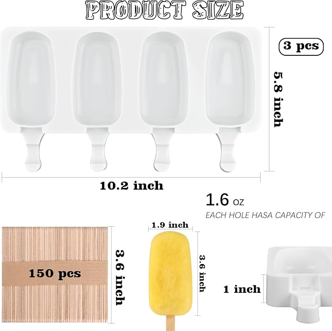 Sakolla Silicone Popsicle Molds Set of 3, Large Oval 4 Cavities Homemade Ice Pop Molds with 150 Wooden Sticks for Ice Cream, Cakesicles, Cake Pop (White)