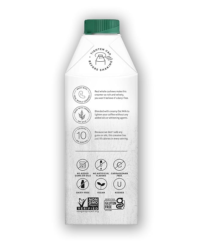 Elmhurst 1925 Unsweetened Cashew Creamer - Dairy-Free, Vegan, Kosher, No Sugar, Shelf Stable Creamer Made with Cashew & Oat Milk for Healthier Coffee, Latte and Smoothies - 25.4 Ounce (Pack of 6)