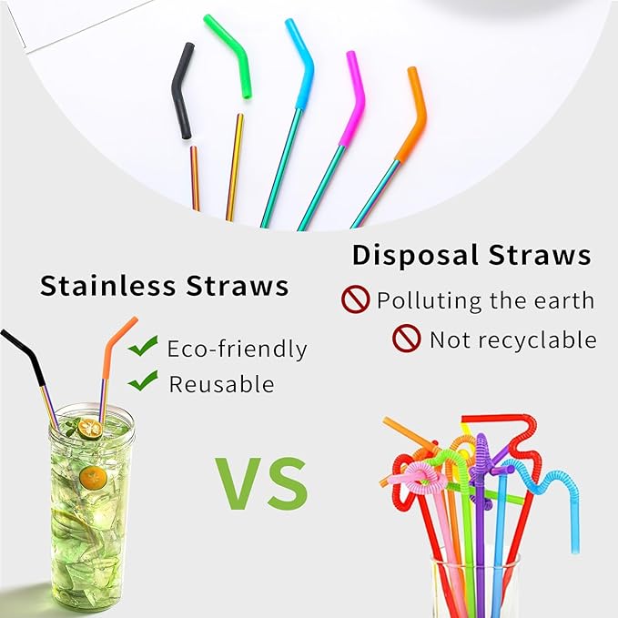 Lazycorner 10 Pcs Metal Straw Reusable 8.5" 6mm Stainless Steel Straws,20oz-32oz, Colorful Drinking Straws with Silicone Tips, 4 Straw Cleaner Brush, 1 Travel Case