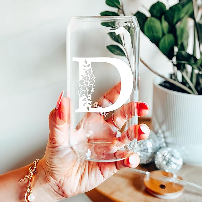 Personalized Gifts for Women, Monogrammed Glass Cups with Lids and Straws, Custom Tumbler, Cute Customized Mug, Aesthetic Stuff, Initial Iced Coffee Cup, Drinking Glasses, Birthday Teacher Gifts, T