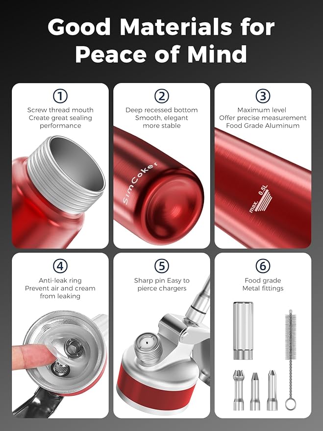 Whipped Cream Dispenser,Aluminum Cream Whipper 500mL/1 Pint,3 Decorating Nozzles,1 Brush, 1 Storage Bag,Homemade Whipped Cream Maker,Red