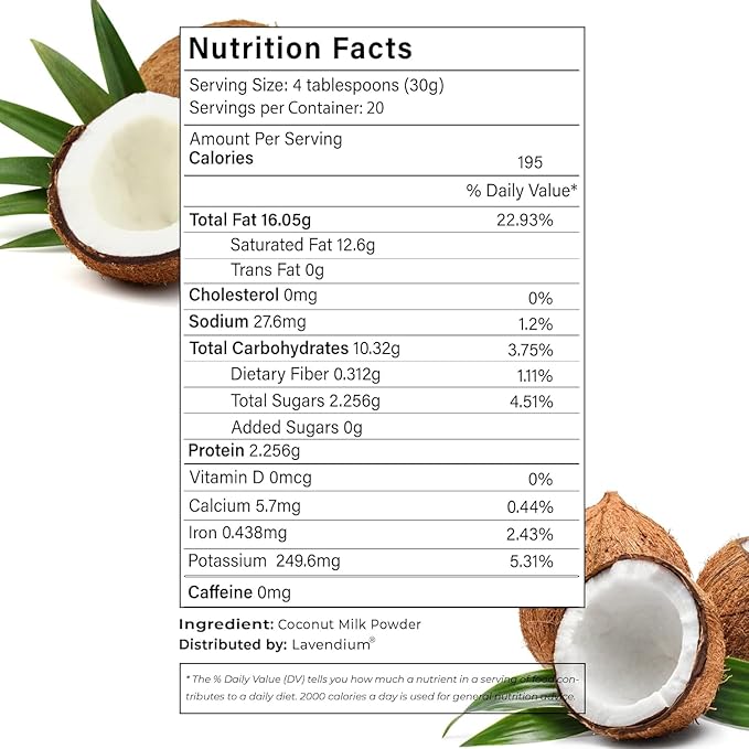 Lavendium, 40oz (2.5 lbs) Coconut Milk Powder, 100% Natural, Unsweetened, Perfect for Cake, Coffee, Tea, Creamer Alternative, No Additives, No Gluten, Vegetarian
