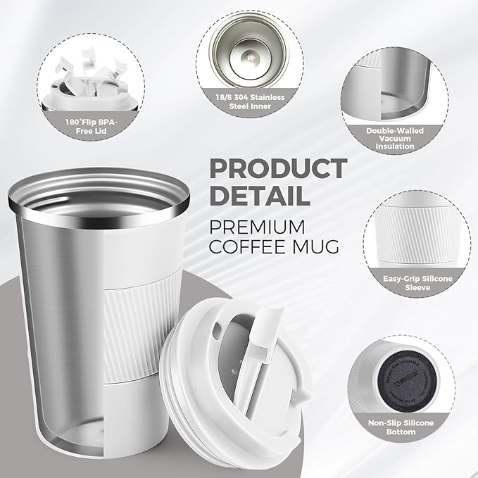 Volhoply 13 oz Stainless Steel Insulated Travel Coffee Mug with Fip Lid Bulk 2 Pack,Reusable Double Wall Vacuum Metal Coffee Cup,Portable Leak Proof Thermal Tumbler for Hot & Cold Drinks(White,2)
