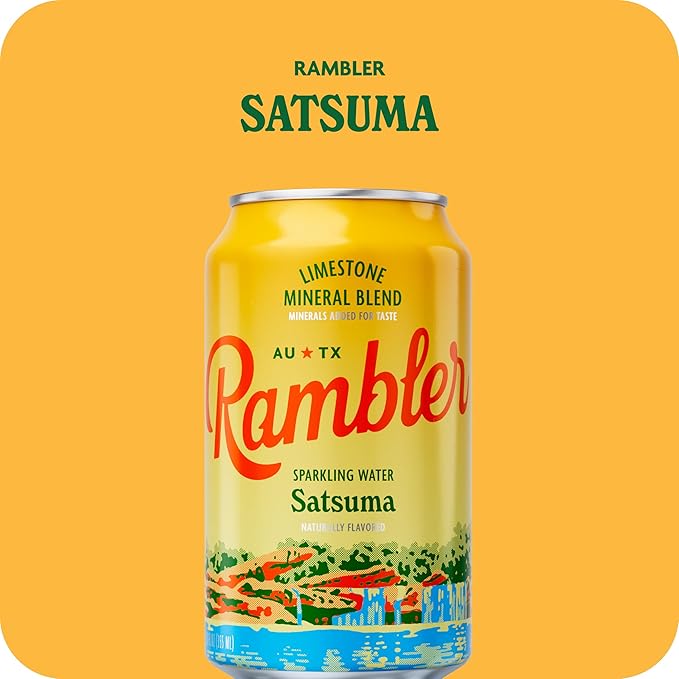 AUTX RAMBLER Sparkling Water, Texas Limestone Mineral Blend, Satsuma Flavor, 12-Ounce Cans, Three 8-Packs (24 Cans)