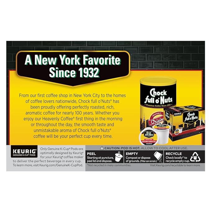 Chock Full o'Nuts Midtown Manhattan Coffee, Compatible with K-Cup Pods, 12 CT (Pack of 3)