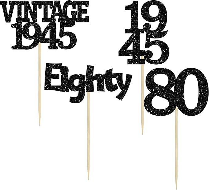 Gyufise 24Pcs Vintage 1945 Cupcake Toppers Glitter Cheers to 80 Fabulous Eighty Cupcake Picks 80th Birthday Wedding Anniversary Party Cake Decorations Supplies Black