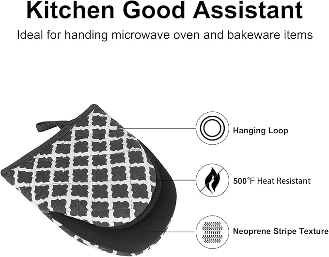 1 Pair Short Oven Mitts, Heat Resistant Silicone Kitchen Mini Oven Mitts for 500 Degrees, Non-Slip Grip Surfaces and Hanging Loop Gloves, Baking Grilling Barbecue Microwave Machine Washable