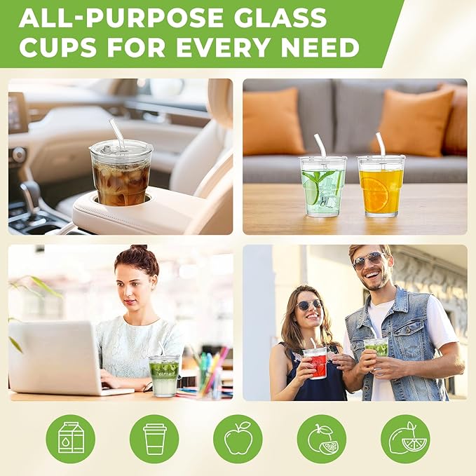 4 Pack 13 Oz Glass Cups with Lids and Straws Glass Iced Coffee Cups with Lids Vintage Glass Tumbler for Beer Ice Coffee Fruit Juice Elegant Aesthetic Cup Glassware Include 1 Cleaning Brushes